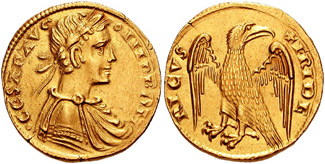 Der Augustalis, eine seit 1231/1232 geprägte Goldmünze Kaiser Friedrichs II. (© von Classical Numismatic Group, Inc. <a rel="nofollow" class="external free" href="http://www.cngcoins.com">http://www.cngcoins.com</a>, Wikimedia commons